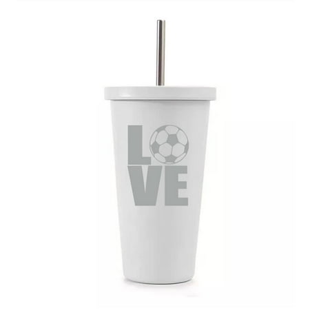 

16 oz Stainless Steel Double Wall Insulated Tumbler Pool Beach Cup Travel Mug With Straw LOVE Soccer (White)