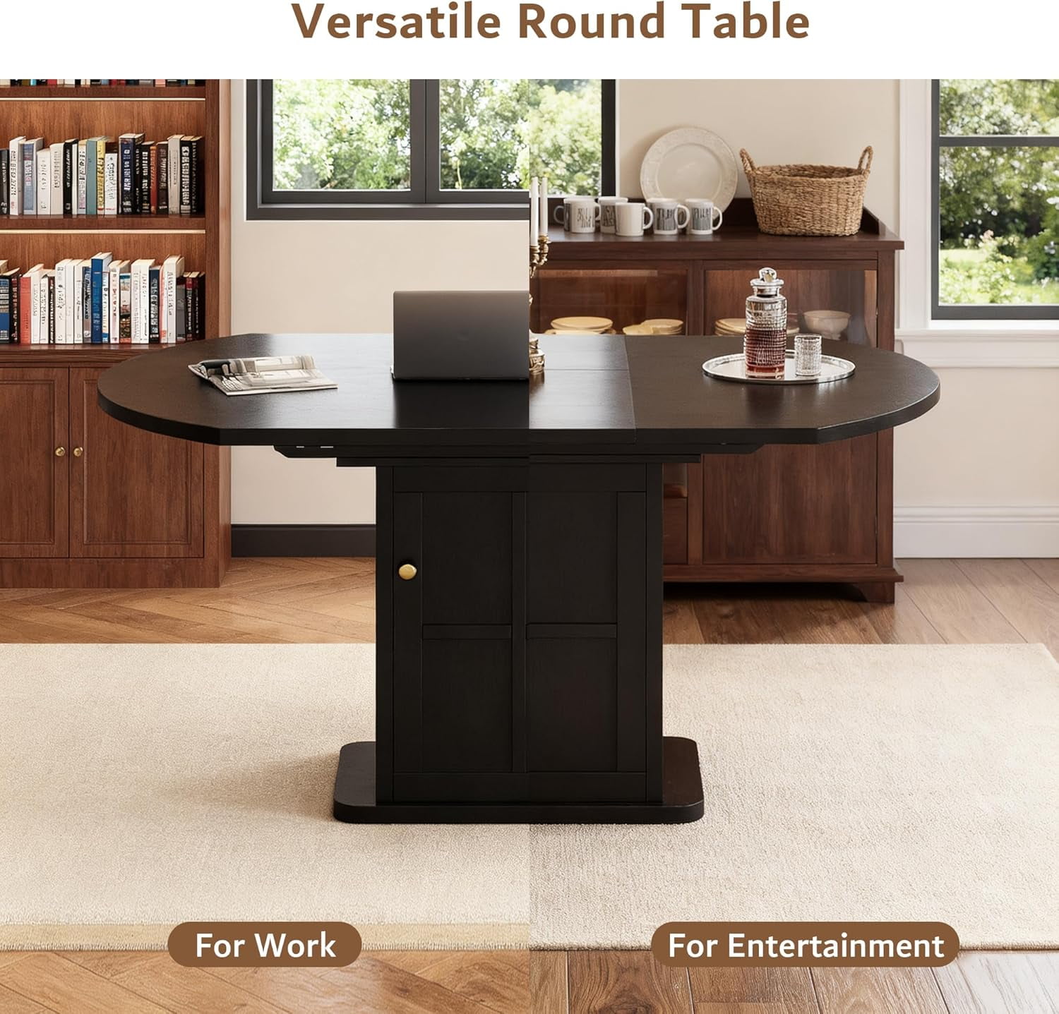 iPormis Extendable Round Dining Table for 4-6, 59'' Modern Kitchen Table with 2-Tier Storage Shelf, Wood Door, MDF Board, Space Saving Oval Dinner with Sturdy Pedestal Base, Kitchen, Dining,Black