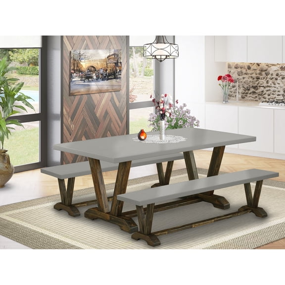 East West Furniture V2-797 3 Piece Table Set - 1 Cement Dining Table and 2 Mid Century Modern Benches - Stable and Durable Construction - Distressed Jacobean Finish