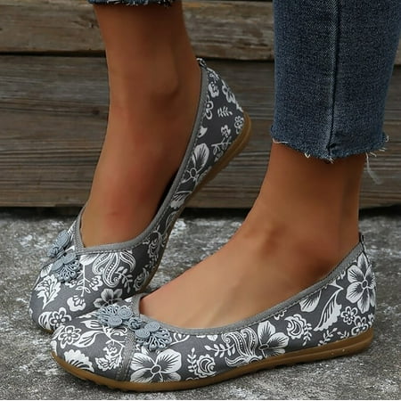 

Ykohkofe Floral Print Button Decor Ballet Flats For Women Slip On Shallow Mouth Simple Single Shoes Casual Shoes Work Shoes