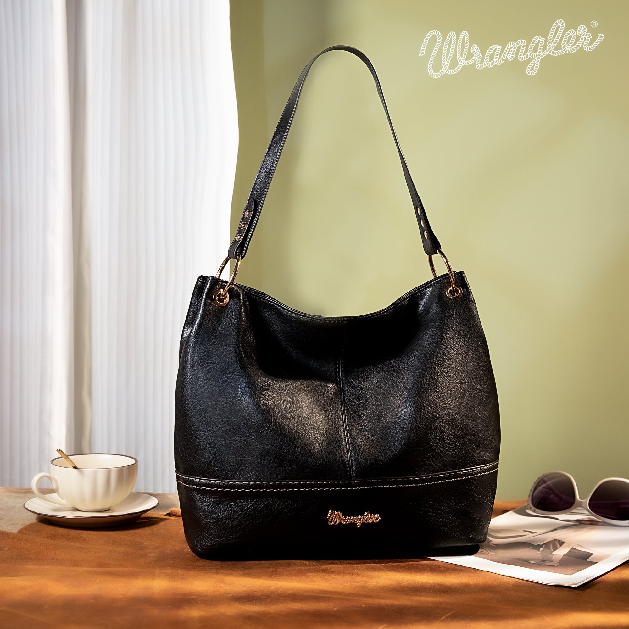 Wrangler Hobo Bags for Women Leather Tote Bag Shoulder Bag Top Handle Satchel Purses and Handbags, Solid Black