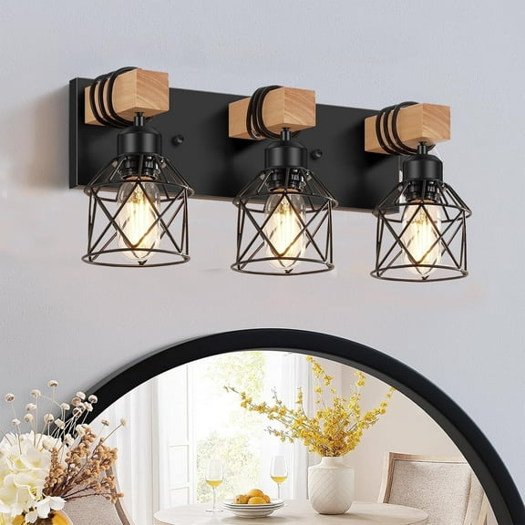 3-Light Matte Black Dimmable LED Vanity Light with Metal Cage
