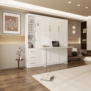 Queen Size Murphy Wall Bed With Desk & Single Side Cabinet,Space-Saving Furniture Desk Murphy Wall Bed for Hotel,Living Room, White