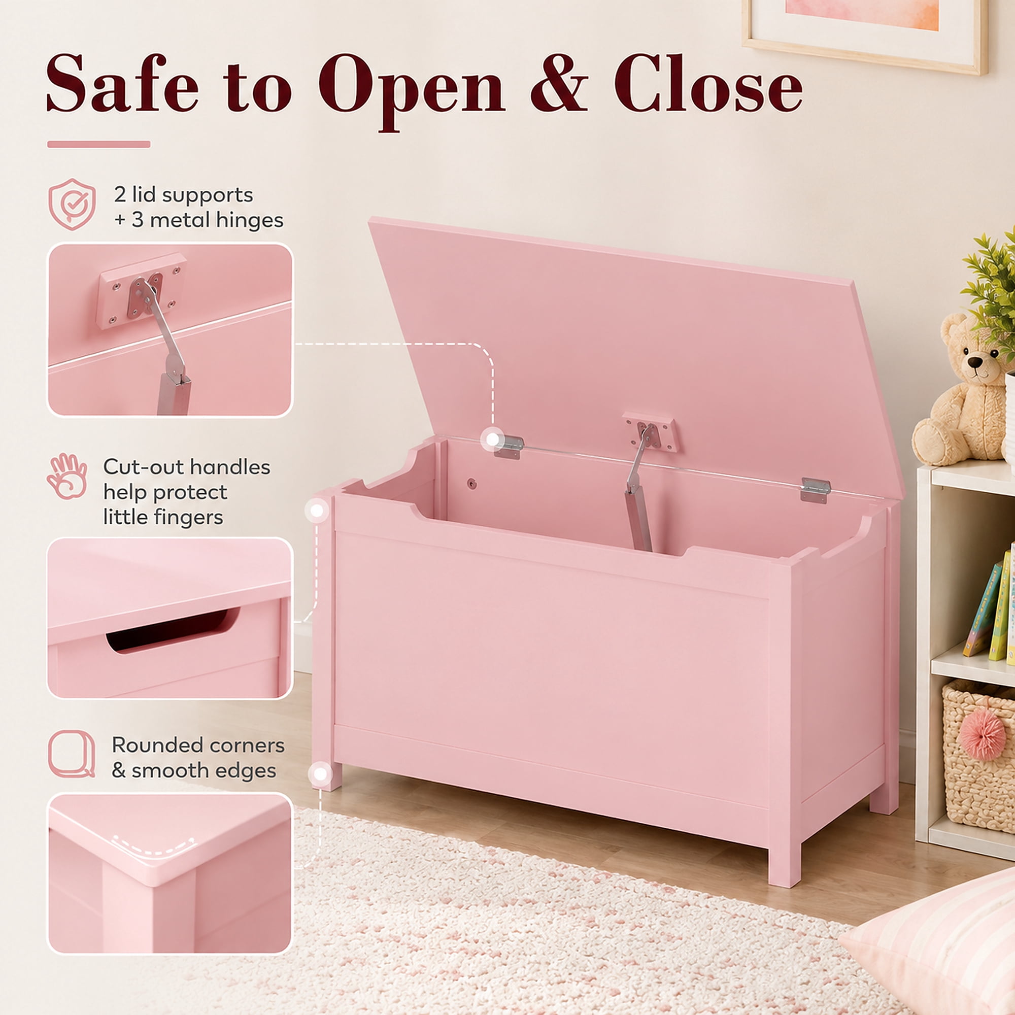 Miniyam Toy Storage Bench with Lid, Kids Toy Box and Storage Chest for Bedroom, Playroom, Nursery, Pink