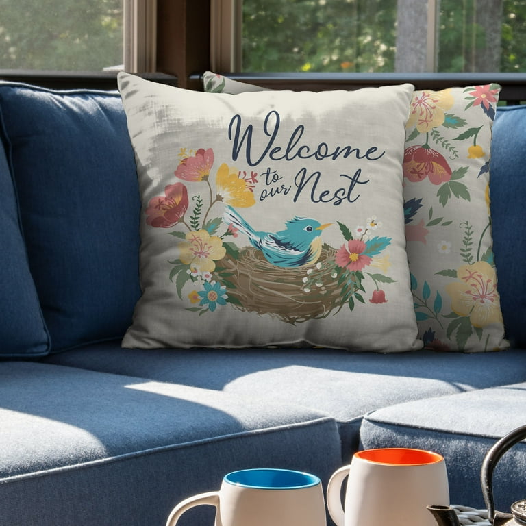 Mainstays 16 x 16 Reversible Welcome to Our Nest Decorative Outdoor Throw Pillow Multi