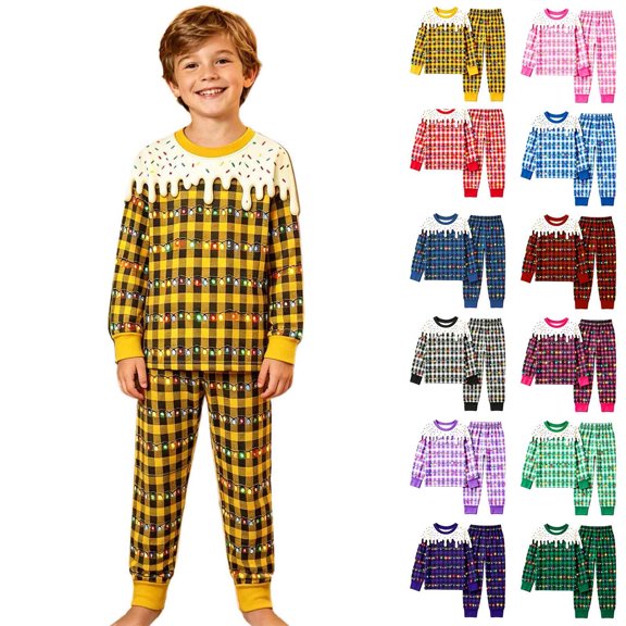 KHONTS Kids Xmas 2 Piece Pajams Sets Unisex Long Sleeve Crew Neck Tees and Pants Plaid Printed Sleepwear Outfits,Size 2-10 Years 95