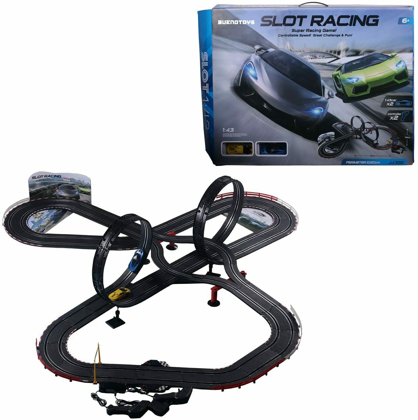 Racing Car Track Set 2 Slot Cars Controllers Loops Turns Racecar Play Fast Game 