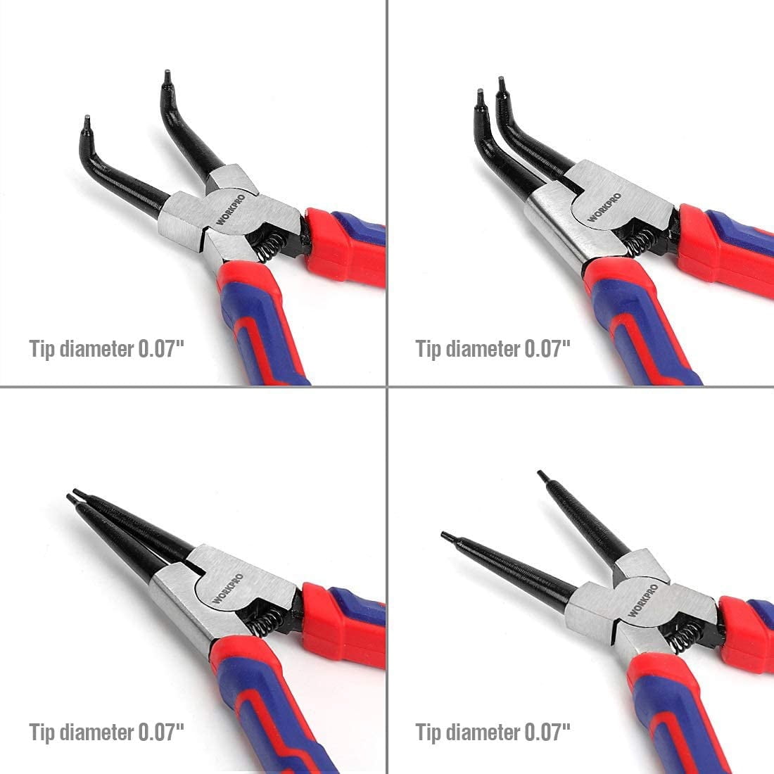 4-Piece Snap Ring Set - Heavy Duty 7-inch Internal/External Circlip Kit (Tip Diameter 5/64'')-Straight/Bent Jaw - Cr-V Steel - For Ring Remover Retaining- Storage Pouch Included