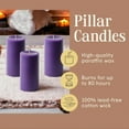 thumbnail image 3 of NeoMart - Dripless Unscented Pillar Candles, Set of 3 Hand Poured Purple Pillar Candles, Solid Color Non-Scented Candles for Home Decor, Premium Wax, 80 Hr Burn Time, 3x6 Inch, 3 of 5