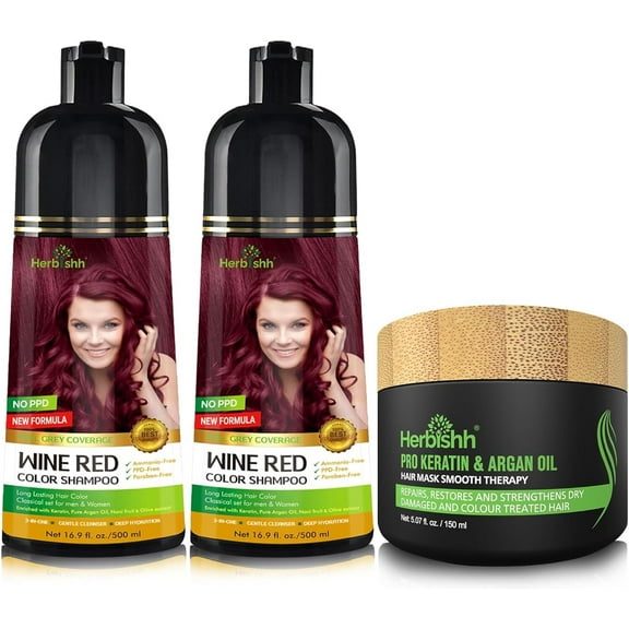 Combo Pack - Herbishh Hair Color Shampoo for Gray Hair Argan Intense Hair Mask - Hair Dye Colors in Minutes - Long-lasting - 500 Ml - Stimulates Dry, Frizzy Hair (Wine Red)
