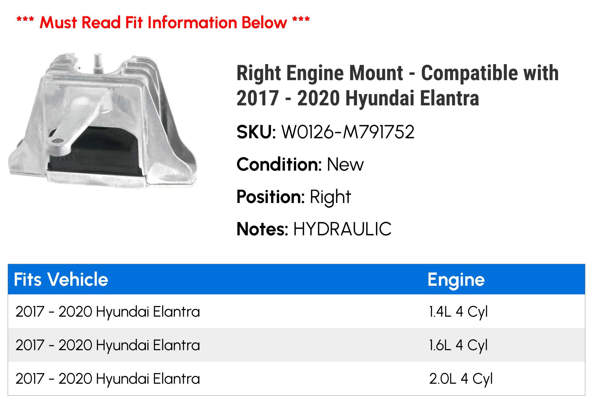 Right Passenger Side Engine Mount - Compatible with 2017 - 2020 Hyundai Elantra 1.4L 1.6L 2.0L 4-Cylinder 2018 2019