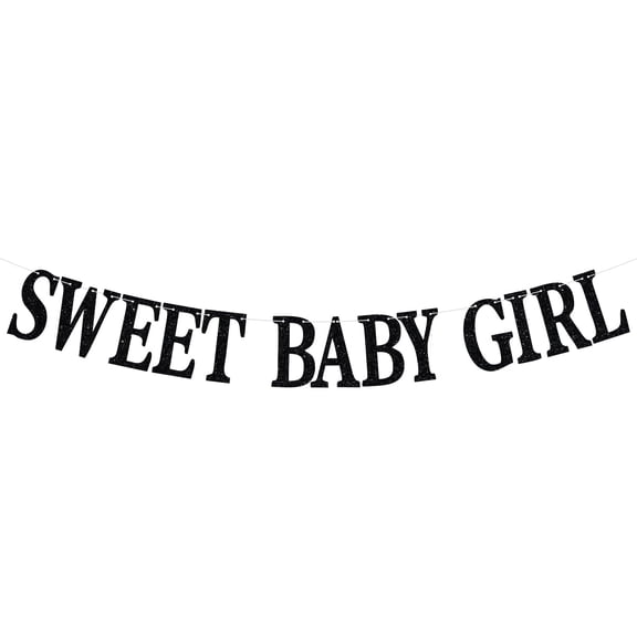 Sweet Baby Girl Banner, Pre-strung Baby Shower/Gender Reveal Decorations, Welcome Baby/It’s A Girl Bunting Sign, Sweet Welcome Baby Girl Baby Shower Party Decoration Supplies, Black Glitter