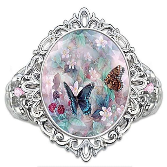 1 pc Alloy Resin Finger Rings for Women Oval with Butterfly Platinum US Size 7(17.3mm) Alloy