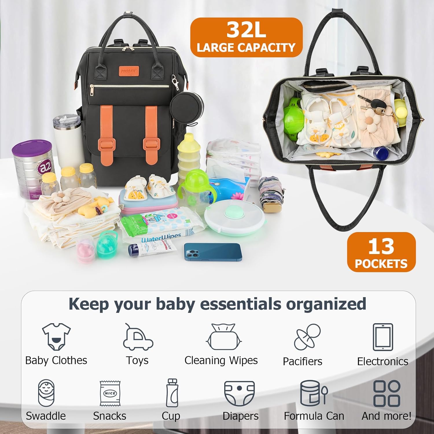 Diaper Bag Backpack with Insulated Cooler & Ice Pack, Large Waterproof Baby Travel Bag for Moms and Dads, Baby Tote Bag Includes Changing Pad, Stroller Straps , Pacifier Case