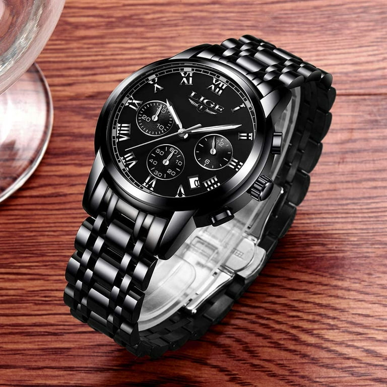 All Black Steel Band Watches for Men Classic Stainless Steel Watch Casual  Business Quartz Analog Wrist Watch with Calendar 8106