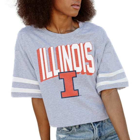 Women's Gameday Couture Gray Illinois Fighting Illini No Shortcuts Drop Shoulder Sleeve Stripe Cropped T-Shirt