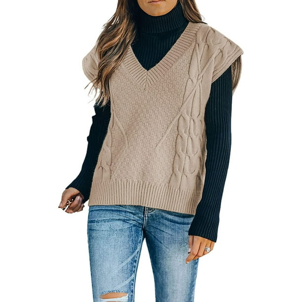 ZAXARRA Women Knit Vest, Sleeveless Loose Solid Color V-neck Sweater