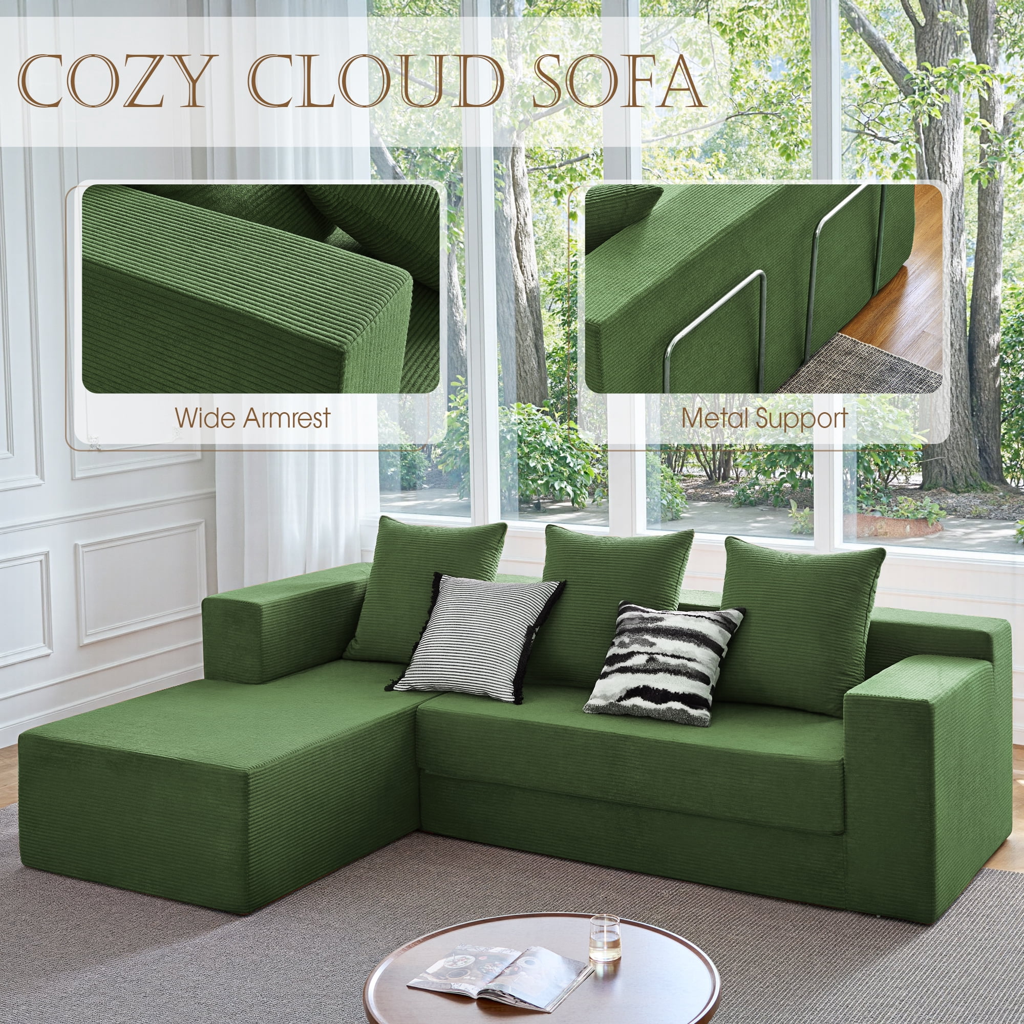 YINIX 106.5" Modular Sofa Couch  for Living Room , Cloud L-Shaped  Sofa with Deep Seating Upholstered, Green