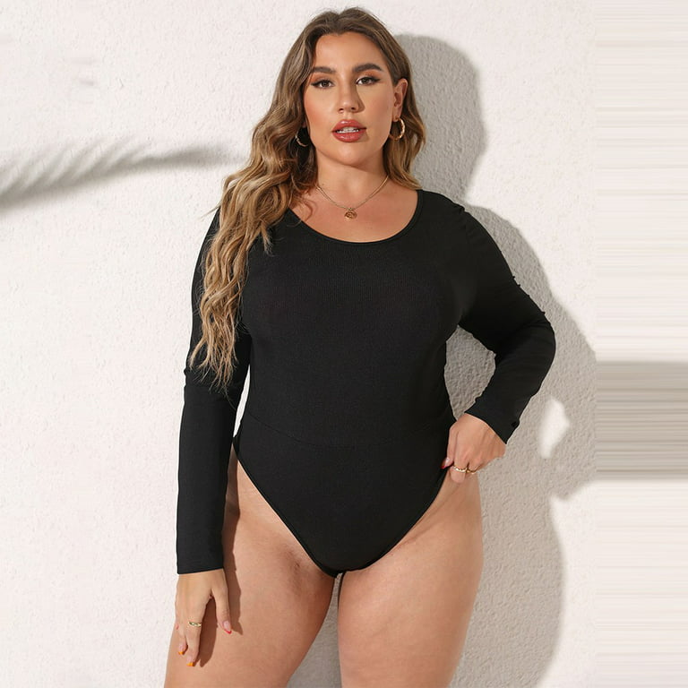 Women Plus Size O-Neck Rib-knit Bodysuit Casual Long Sleeve Bodycon Body  Top 