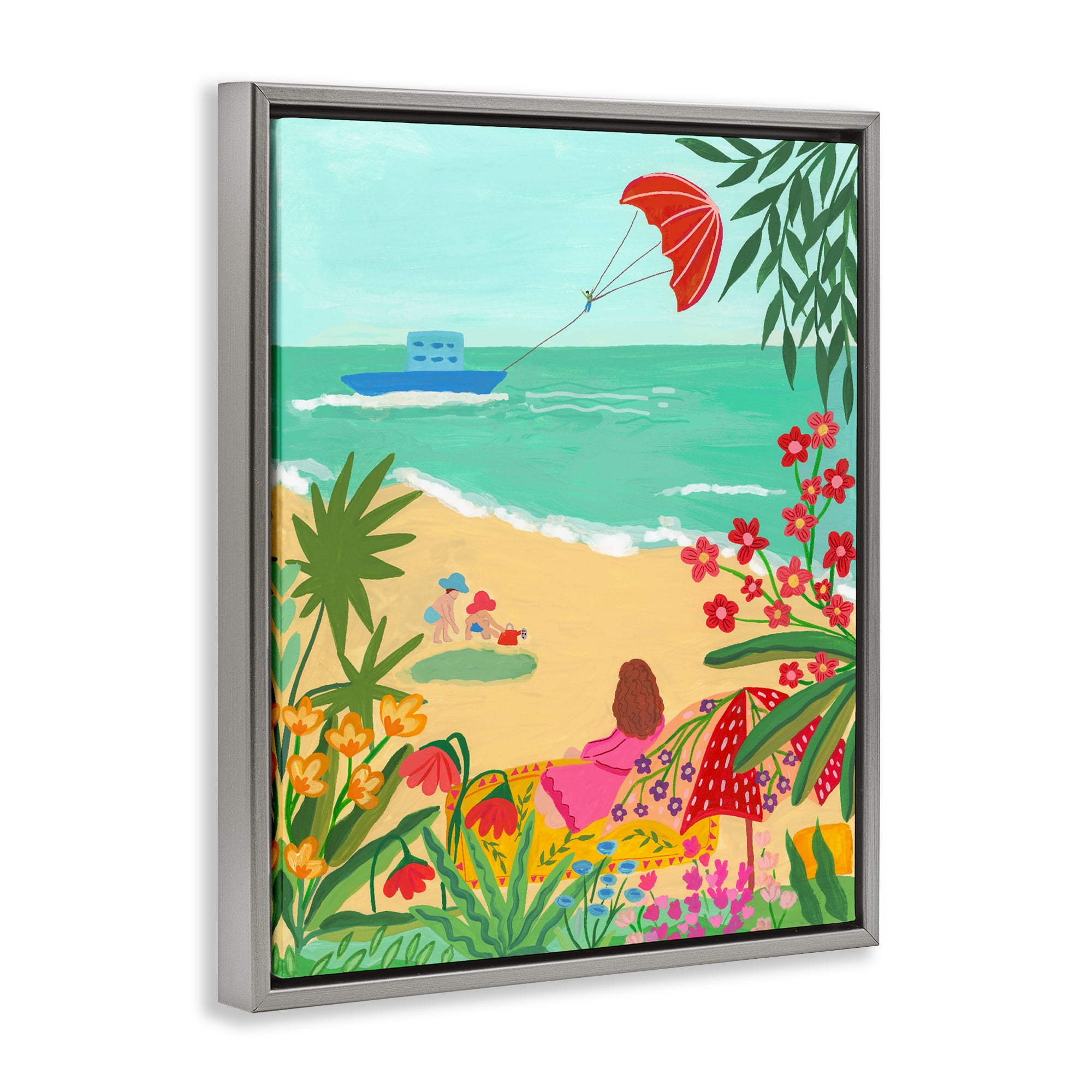 Beach And Flowers View Gray Framed Floater Canvas Wall Art, design by Nabeela Rumi