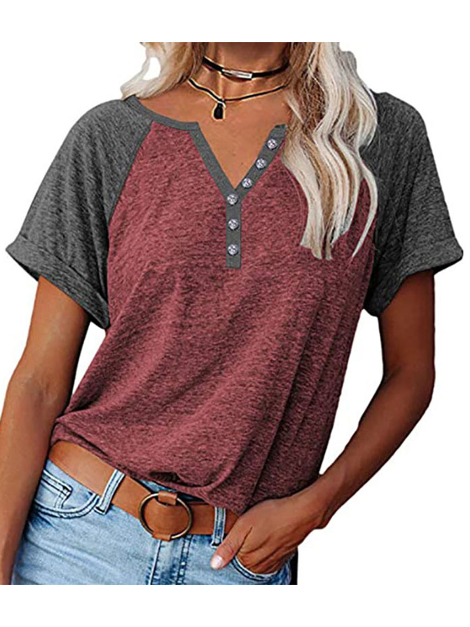 Women Ladies Casual Tops Short Sleeve Color Block T-shirt V Neck Tunic Blouse Tee Ladies Stylish Sport Athletic Tops - image 1 of 3