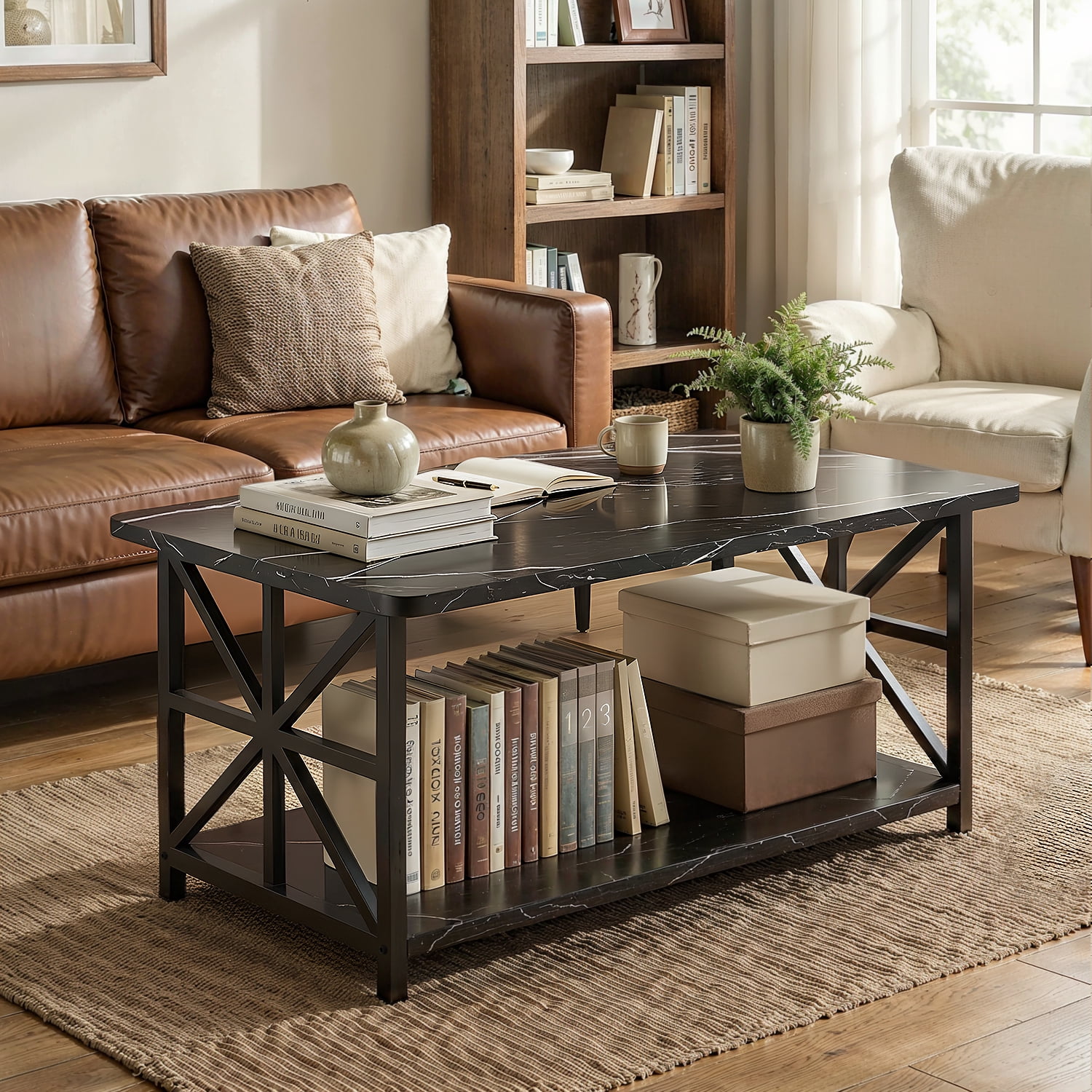 Baxluxe Rectangular Coffee Table with Storage Shelves, Faux Marble Tabletop Living Room Center Table, 2-Tier Storage Tea Table, Modern Coffee Table for Small Space, Home, Office, Black
