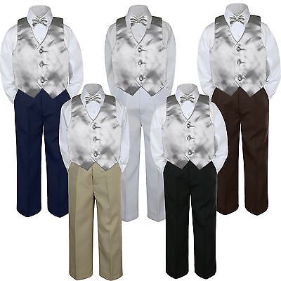 4pc Silver Vest Bow Tie Suit Pants Set Baby Boy Toddler Kid Uniform S-7