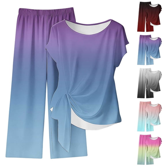 CHUMUD Womens 2 Piece Outfits Sets Watching Set Short Sleeve Ruched Drawstring Crew Neck Tops and Wide Leg Pants Clothing Sets