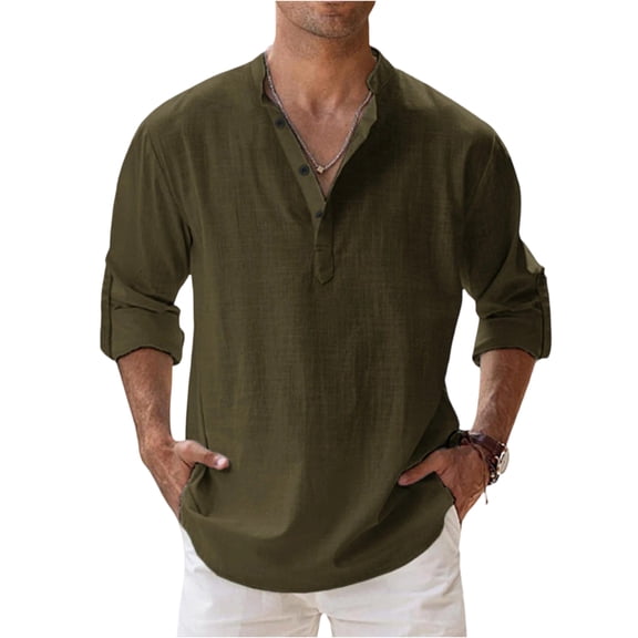 LTTVQM Men's Linen Cotton Tops Long Sleeve Button Down Henley Shirt Casual Solid Band Collar Beach Shirts Army Green M