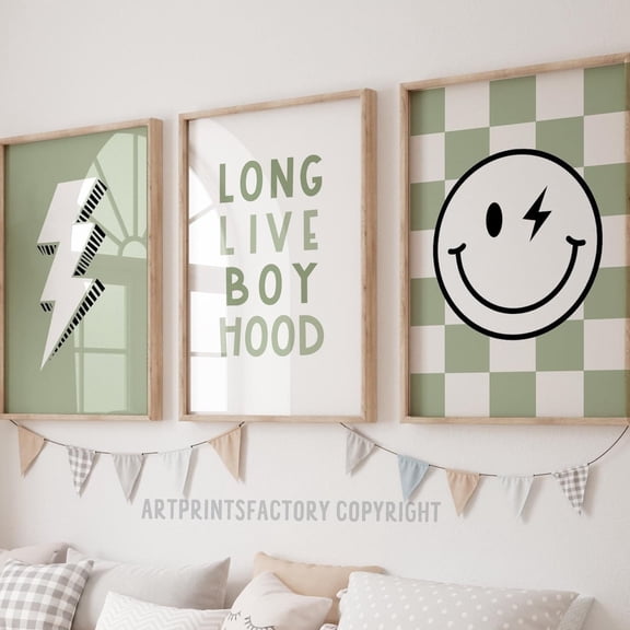 Long Live Boyhood Modern Boy Sage Green Checkered Smile Gallery Wall Toddler Poster Boy Nursery Decor Quote Play Modern Wall Decor Prints Set 3