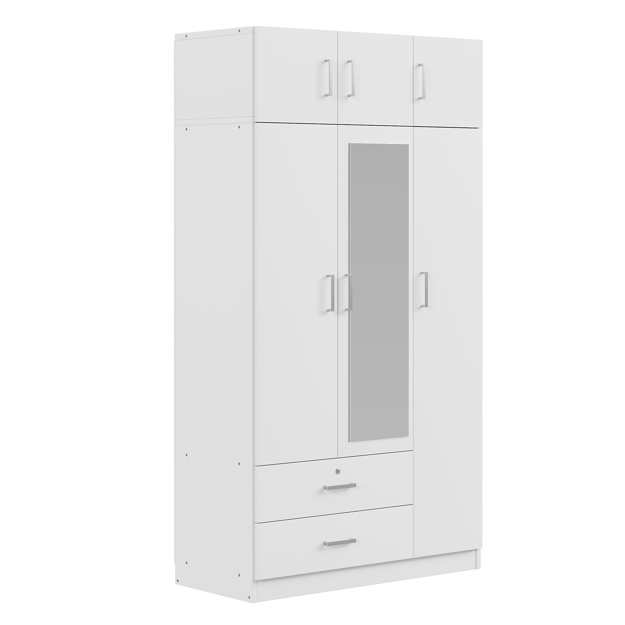 Euroco 3-Door Wood Armoire, Wardrobe with Mirror and Drawers, White