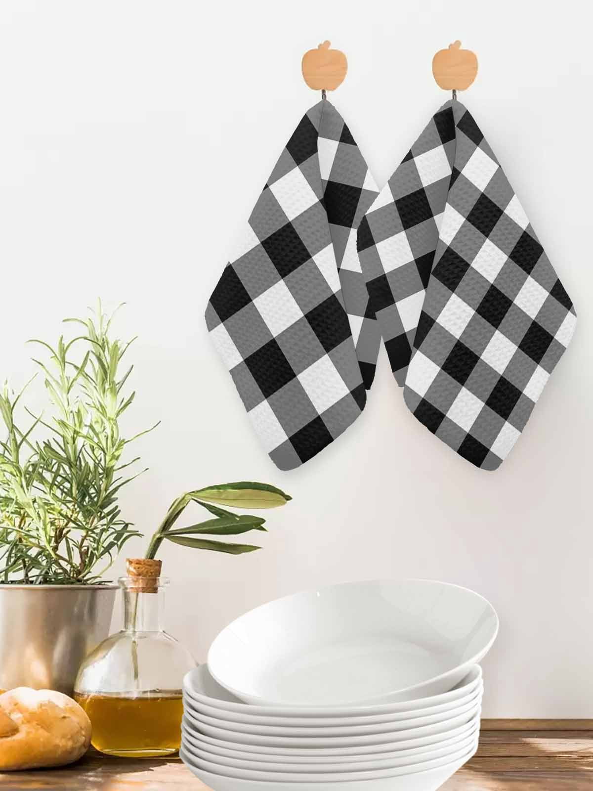 Black White Plaid Kitchen Dish Towels for Drying Dishes Set of 2, Gradient Geometric Buffalo Checkered Waffle Weave Microfiber Hand Tea Bathroom Towels Quick Dry & Absorbent Towel 12x12