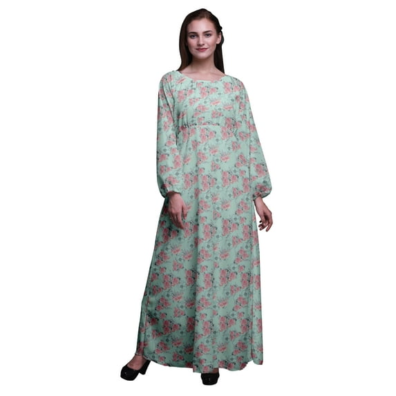 Bimba Moss Georgette Leaves & Rose Floral Printed Women’s Long Sleeve Maxi Dress Elastic Waist Gown-X-Large