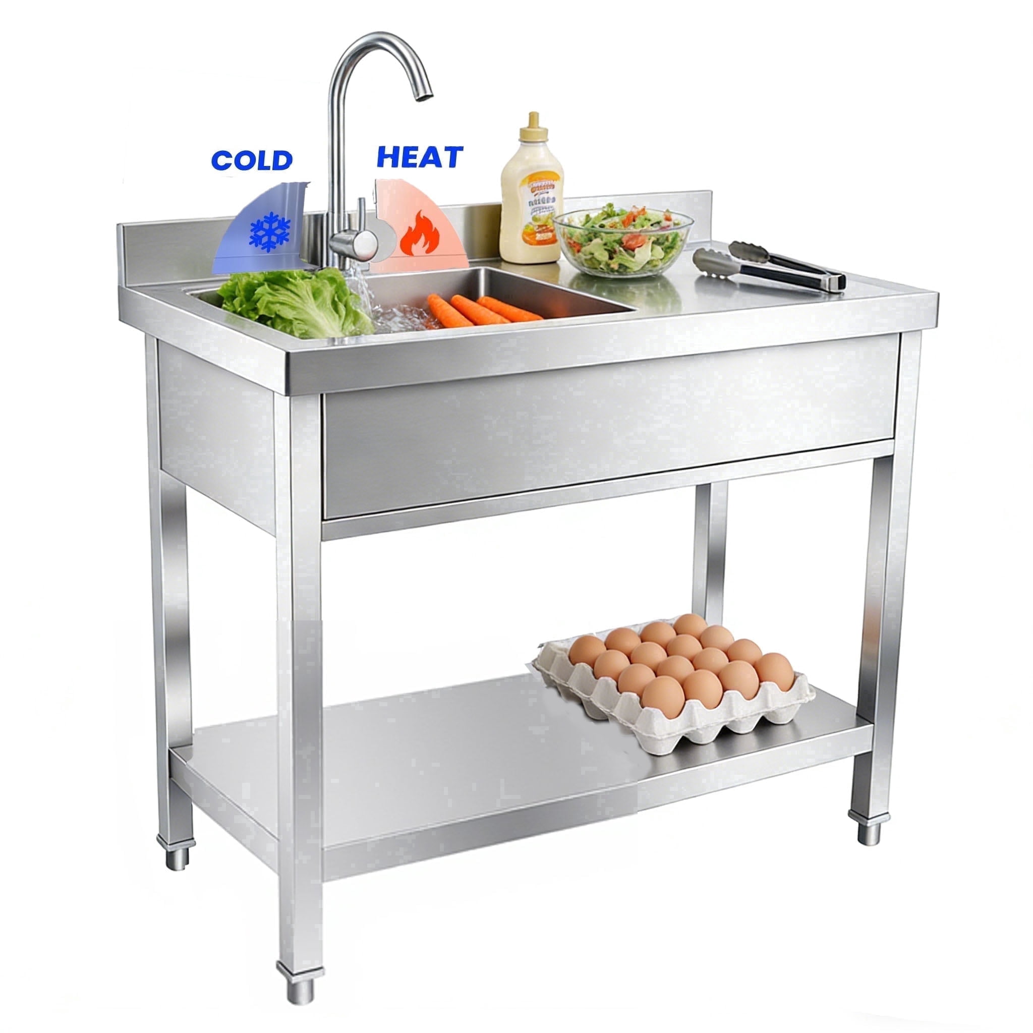 39” Stainless Steel Freestanding Utility Sink – Commercial Kitchen Workstation With Hot/Cold Pull-Down Faucet, 2 Drawers, Adjustable Shelf, Indoor/Outdoor