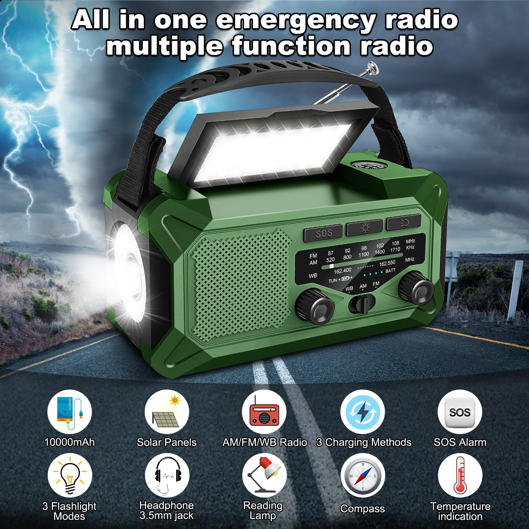 KOGYAS 10000mAh Emergency Weather Radio with LED Flashlight, AM/FM NOAA Portable Weather Alert Radio,Solar Powered Radio with Phone Charger,USB Charged,Headphone Jack,SOS Alarm,Compass