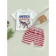 thumbnail image 2 of Wassery Kids Boys Girls Short Sets 2Pcs 4th of July Toddle Independence Day Outfits Dinosaur Print Short Sleeve Crew Neck T-shirt and Solid/Striped Shorts Summer Casual Clothes 0-3T, 2 of 8