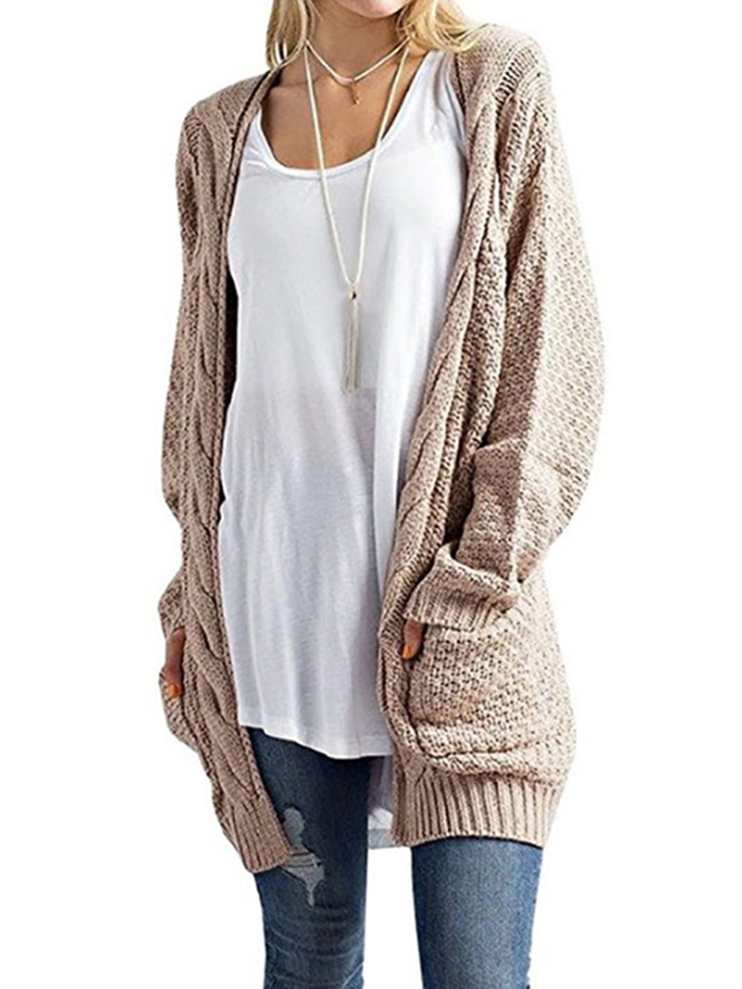 Womens Chunky Waffle Open Front Pocket Top Ladies Cable Knit Boyfriend Cardigan 