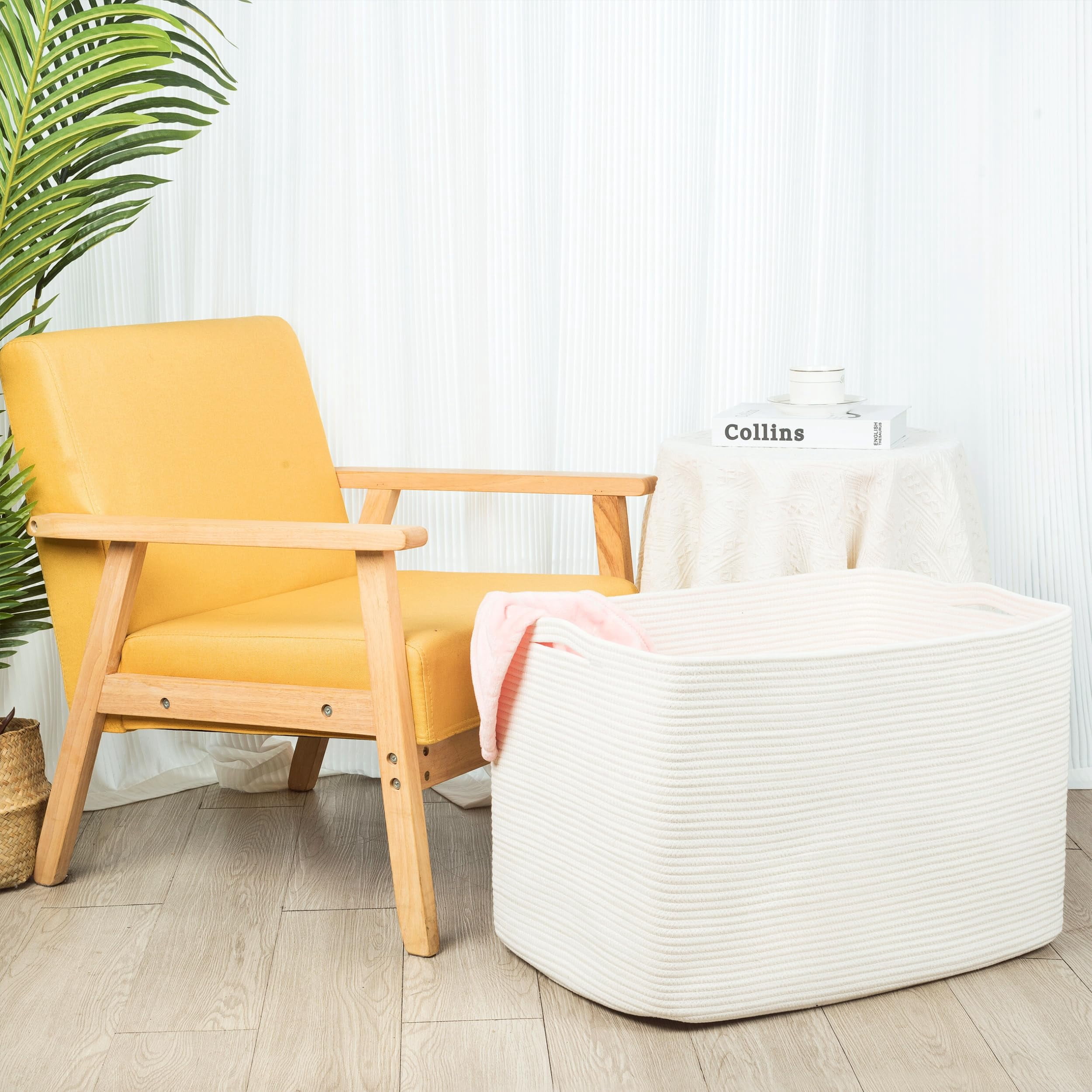 Creamy White Cotton Rope Rectangle Storage Basket 112L Extra Large For Laundry, Towels, Blankets