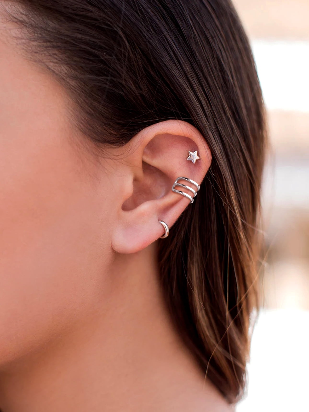 Suplight 925 Sterling Silver White Gold Plated Ear Cuffs Earrings, Three Layer Smooth-Surface Huggie Clip On Cartilage Earrings for Women