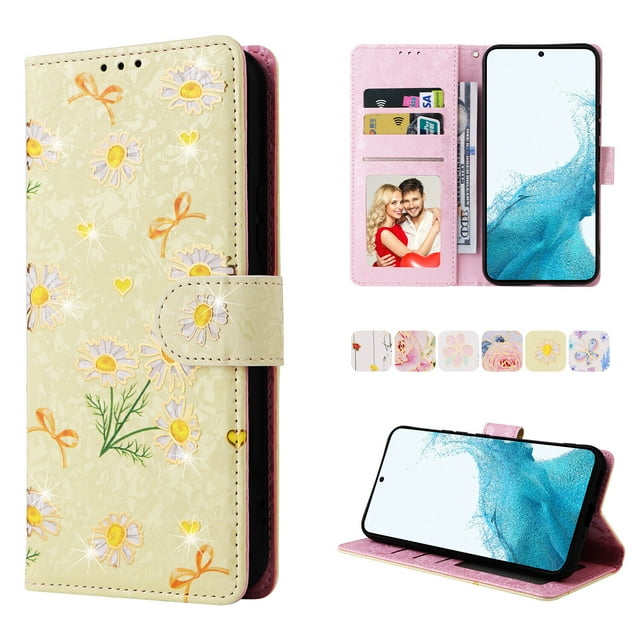 Compatible avec Samsung Galaxy S23 FE 5G Étui Rétro Fleur Dorée Cuir PU Portefeuille Blocage RFID