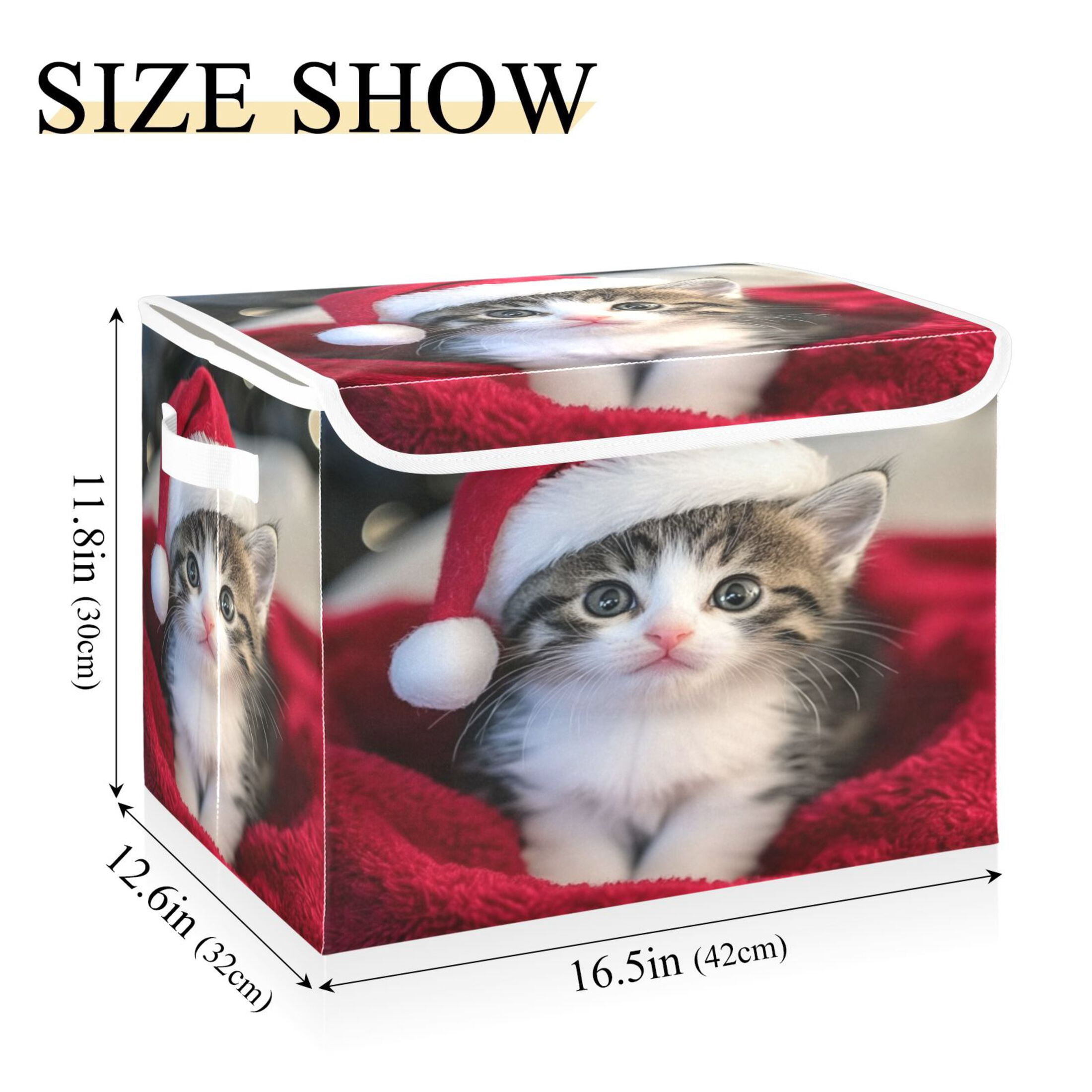 Storage Box With Lid 16.5x12.6x11.8In Foldable Stacked Household Storage Box Santa Hat Cat Picture
