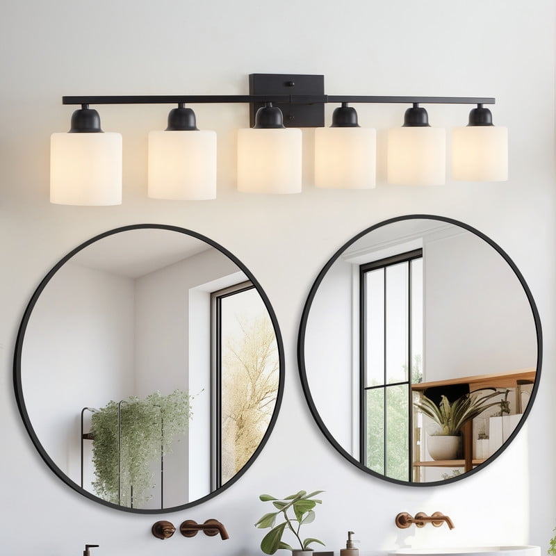 38" 6-Light Black Vanity Fixture - Modern Matte Bathroom Lighting for Mirror, Dimmable Wall Sconce with Milky White Glass Shades (Bulbs Not Included)