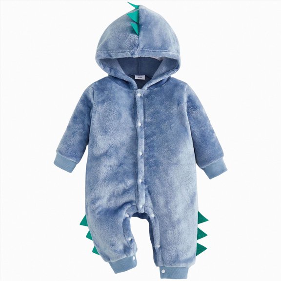 Wonitaaizi Baby Boys Dinosaur Outfit Fleece Bodysuit Infant One Piece Hooded Button Romper (0-3 Months,Blue)