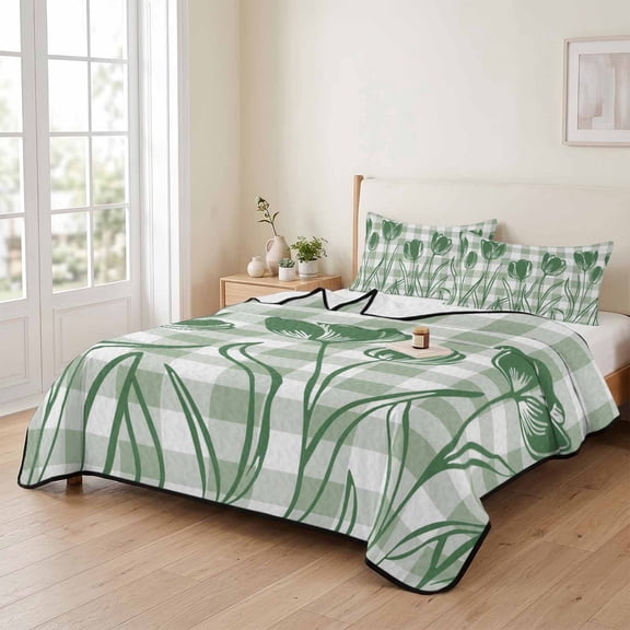 3 Piece Summer Bed Quilt Set Queen Size,Autumn Flower Tulip on Green Plaid Lightweight Bedspread Coverlet with 2 Pillowcases Watercolor Floral Soft Comforter Bedding Quilts for All Season
