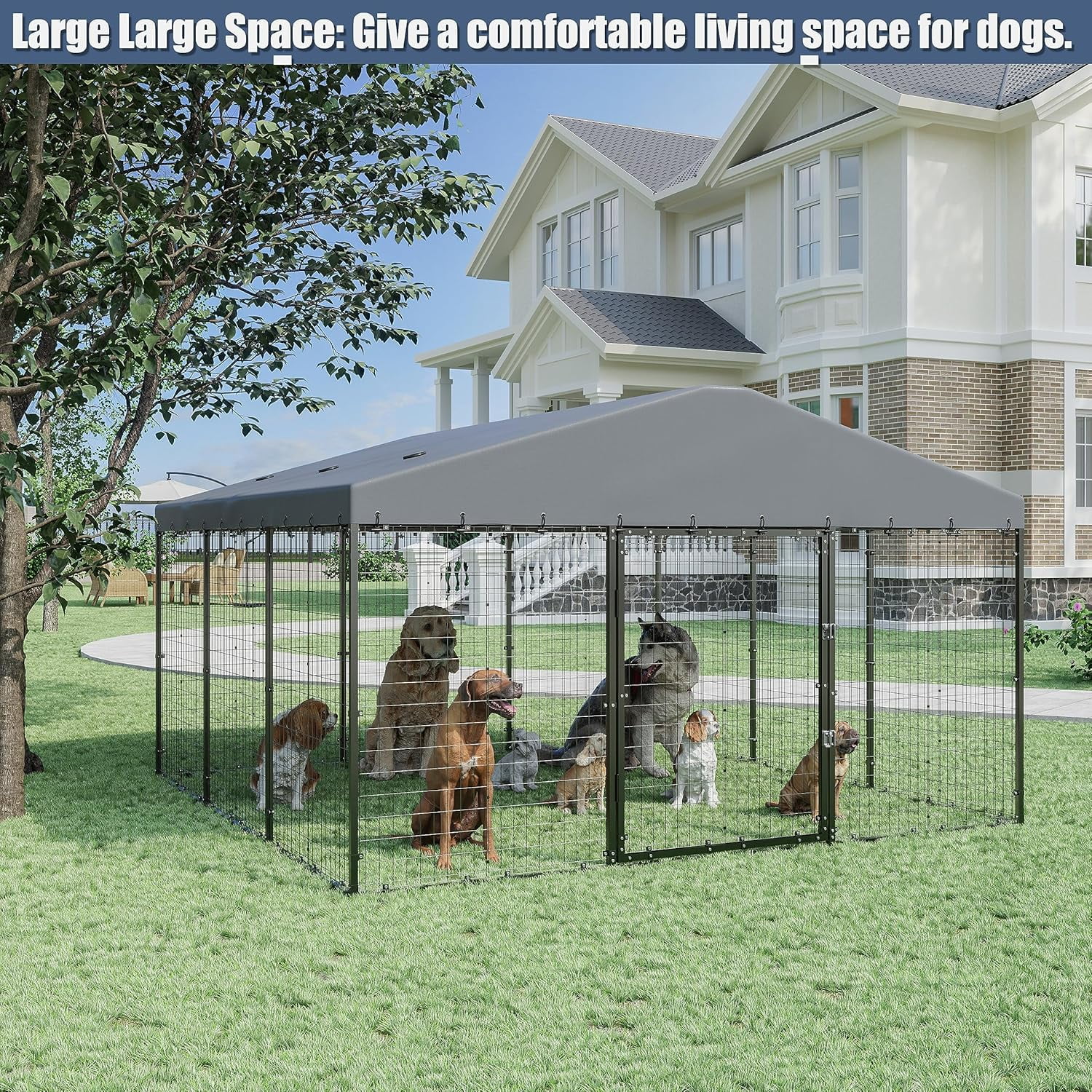 ALAULM 10x10x6 FT Large Outdoor Dog Cage, Heavy-Duty Kennel Enclosure with Weatherproof UV-Resistant Cover, Rust-Proof Galvanizing Steel Barrier Fence with Dual Safety Lock for Yard, Garden & Patio