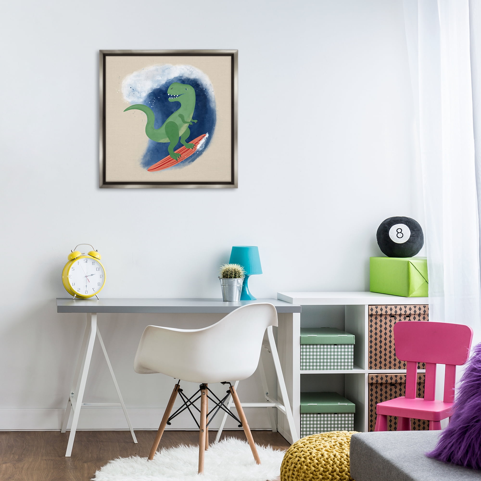 Stupell Industries Surfing Dino T-Rex Novelty & Humor Painting Gray Floater Framed Canvas Art Print Wall Art, 25 x 25