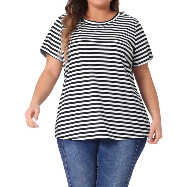 Camiseta de Talla Grande para Mujer Agnes Orinda, Cuello Redondo, Manga Corta, Rayas de Arcoíris, 3X, Negro y Blanco
