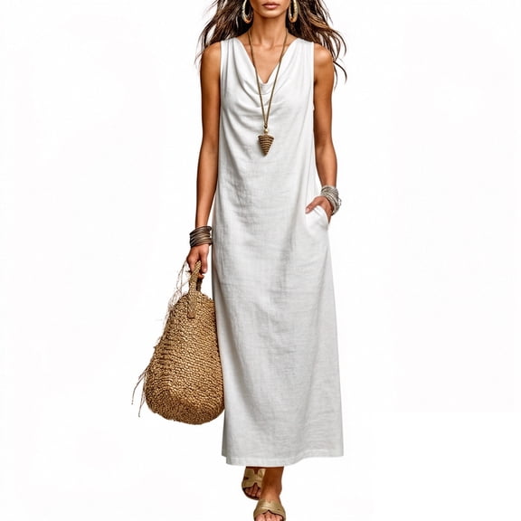 Gpaecead Women's Cowl Neck Sleeveless Maxi Dress Cotton Linen Loose Fit Minimalist Summer Beach Vacation Outfit With Pockets White
