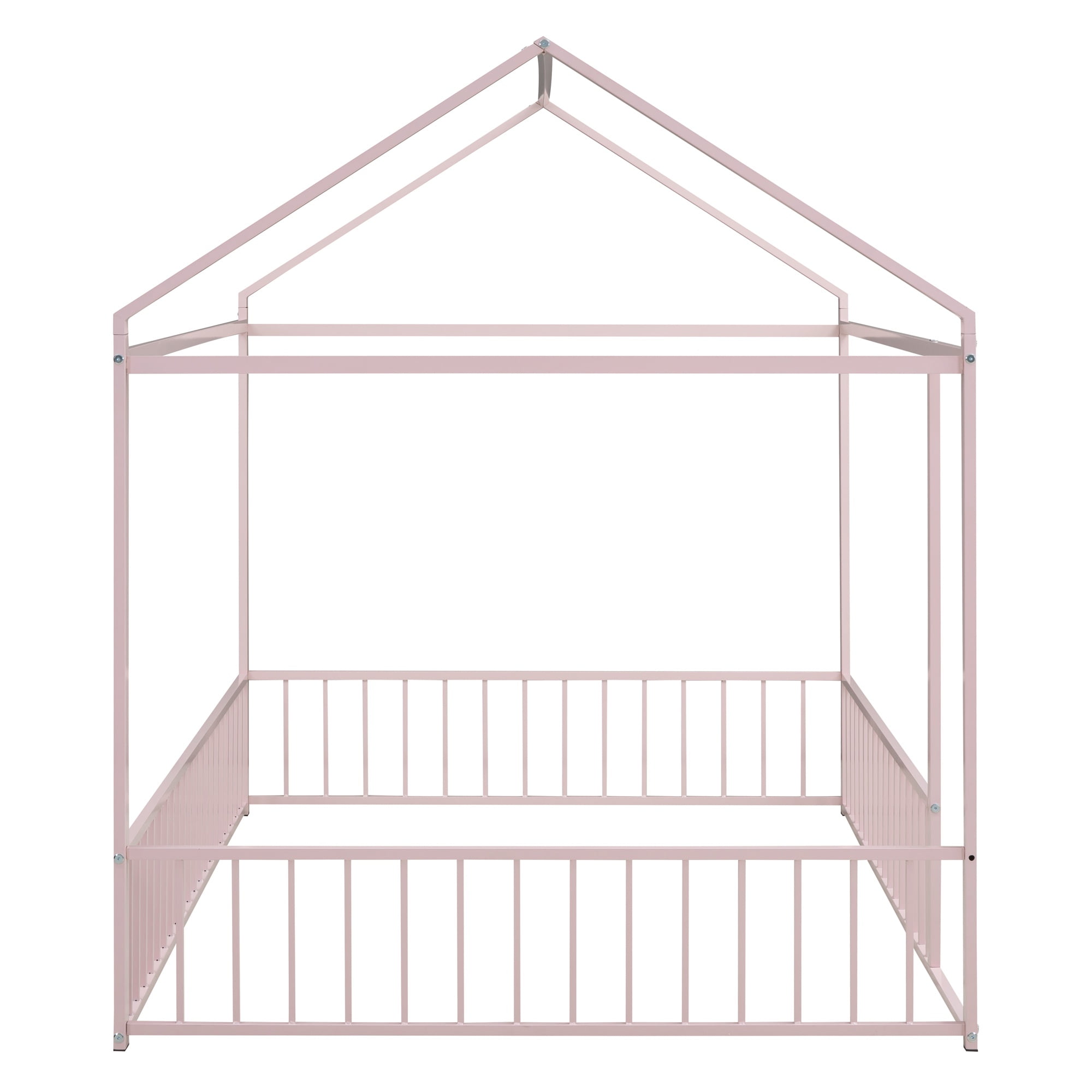 Gewnee Full Size Metal House Bed with Fence,Montessori Floor Bed for Toddler and Kids,Pink