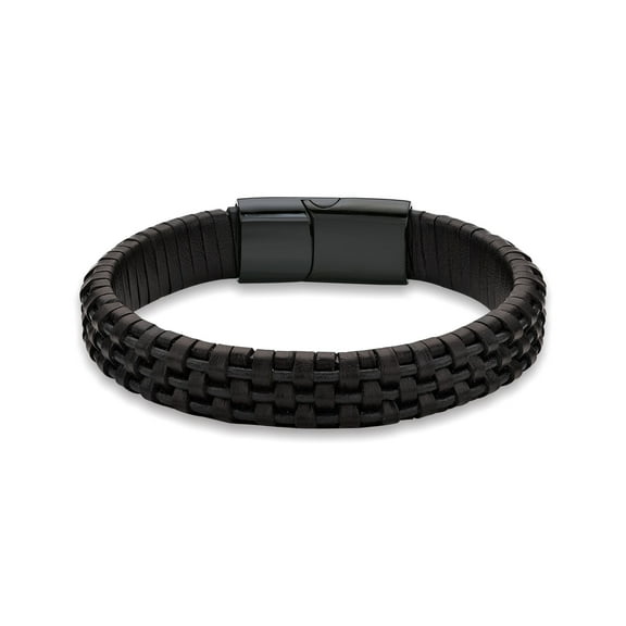Metro Jewelry Men's Stainless Steel Black Genuine Leather Bracelet with Black Ion Plating and Magnetic Clasp - 8.5 Inches Long